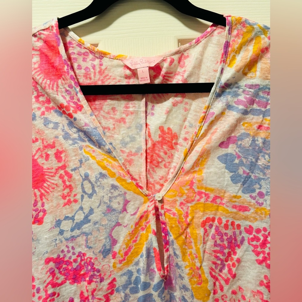 Lilly Pulitzer 100% Linen Balleta Cover Up in Paradise Pink Bohemian Beach L - Picture 5 of 14